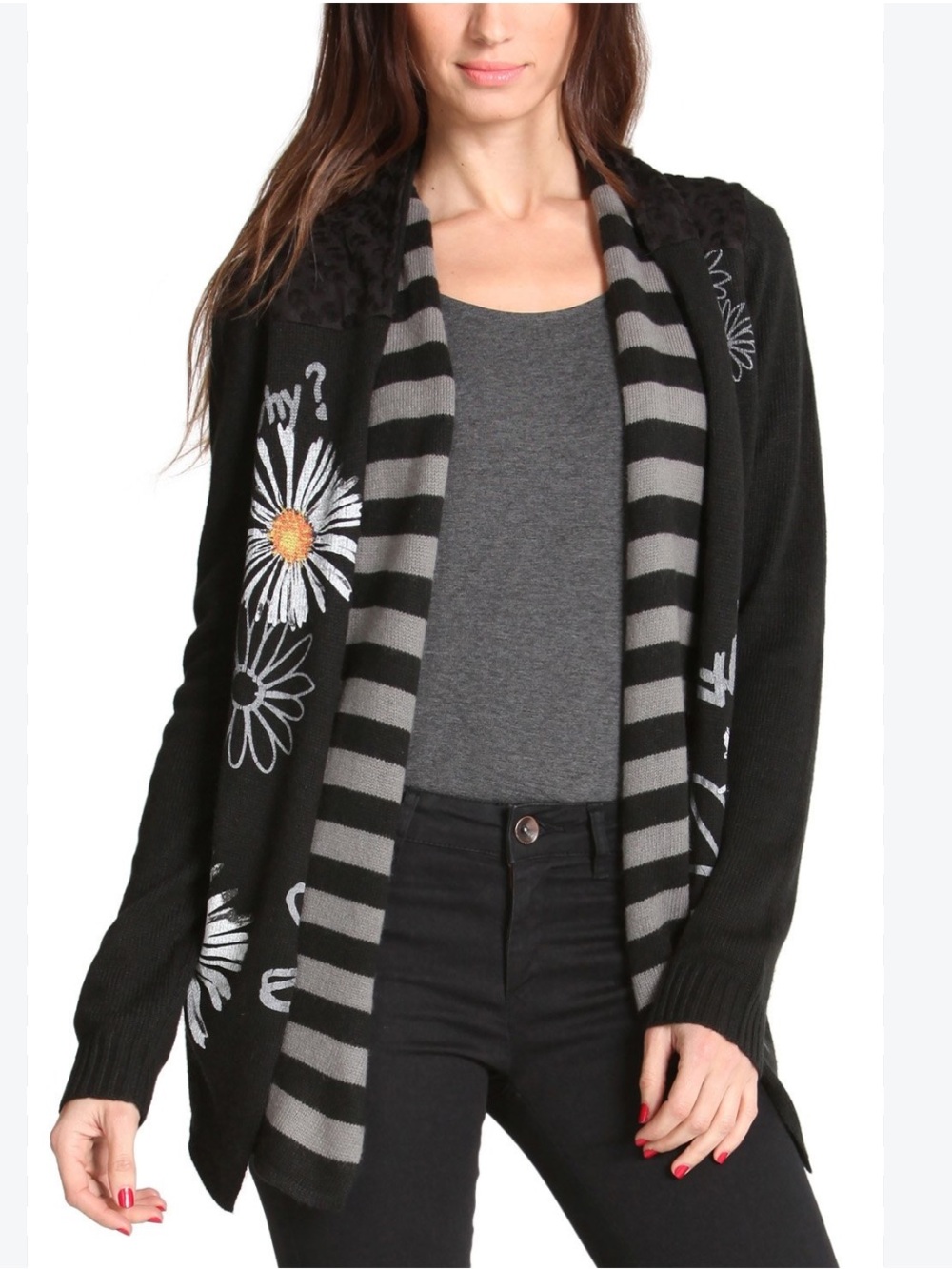 DESIGUAL Volenza Daisy Double Panel Open Cardigan Sweater M Black Whimsygoth